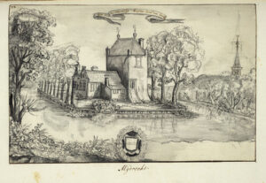 In een vierkante gracht ligt een vierkant eiland met aan twee kanten bomen. Op het eiland een toren met een zadeldak waaraan een gebouw van één verdieping met twee zadeldaken gebouwd is. Op de achtergrond de kerktoren van Mijdrecht.