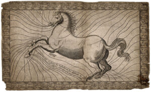 Gravure van een naar links springend paard met allemaal lijntjes naar de kantlijn. Aan het eind van elk lijntje staat een cirkel met daarin een tekst.