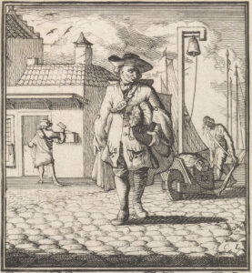Gravure van een man met een postzak onder zijn arm. Hij draagt een hoef met een brede zak en een cape die een sluiting heeft met drie kruisen (als het wapen van Amsterdam?). Achter hem loopt een man met een kruiwagen met daarop een kist en een zak langs een los staande bel. Daarachter zijn de masten van schepen te zien. Links op de achtergrond een klein gebouw waar een man een brief in een kist tegen de muur stopt.