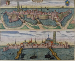 Ingekleurde gravure met twee keer een zicht op Harderwij: bovenaan vanaf land en onderaan vanaf zee. Binnen de stadswallen zijn alle huizen en kerken getekend, boven de stad zijn de namen van de poorten en kerken geschreven.