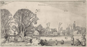 Figuren op het ijs bij een dorp met links een landweg met houtspokkelaars, voorstellende de maand januari. Links- en rechtsboven de bij deze maand behorende symbolen van het sterrenbeeld: waterman.