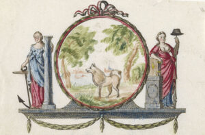 Rond vignet met aan weerszijden de staande Hoop / Kracht en Vrijheid, 1795. In het medaillon is een keeshond in een landschap getekend.