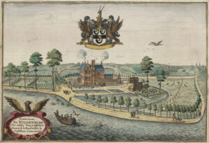 Een landhuis ligt in een slotgracht aan een water. Het kasteeltje heeft een hoofdvolume van vijf traveeën, twee bouwlagen en verhoogde begane grond onder een leien zadeldak gevat tussen twee trapgevels. Dwarsvleugel, loodrecht op het hoofdvolume.