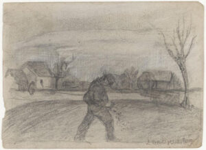 Tekening van een lopende, naar de grond kijkende man met een hoed op die zaait. Op de achtergrond links en rechts een boerderij met daartussen bossages. Rechts een kale boom.