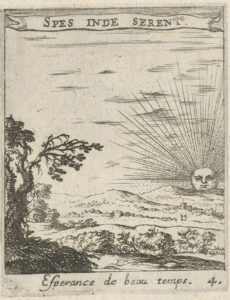 Heuvelachtig landschap met een opkomende zon en op de voorgrond een boom. Op een banderol een devies in Latijn en een onderschrift in Frans, beide over de liefde.