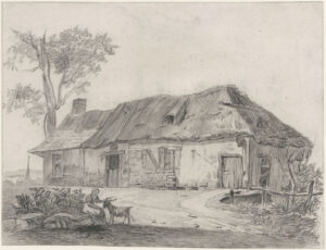 Tekening van een boerderij, links het woondeel met een pannendak, rechts het schuurdeel met een strodak. Het geheel lijkt nogal vervallen. Voor bij een perkje met plantjes zit een vrouw die een geit of een bok aait.
