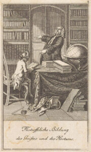 In een vertrek zit een jongen met een pruik op het puntje van zijn stoel met een boek in zijn handen. Op de tafel voor hem liggen meer boeken en staat een globe. Achter de tafel staat een volle man met pruik, met zijn rechterhand wijst hij naar de boekenkast achter hem, met zijn linker hand wijst hij naar de jongen. Op de voorgrond liggen boeken half onder tafel, evenals een speelgoed paard en een wagen. Helemaal op de voorgrond liggen een tol en een zweep.