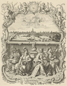 Gezicht op Utrecht met in het midden de Domtoren. Onderaan zitten voor een muur de vier kardinale deugden Matigheid, Kracht, Rechtvaardigheid en Voorzichtigheid. Achter hen staat de buste van keizer Justinianus I. Het geheel is gevat in een ornamentele omlijsting, bekroond door het wapen en het motto van de Universiteit Utrecht.
