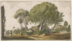 Landschap met door geboomte omgeven boerderijen. Op de voorgrond twee boeren.