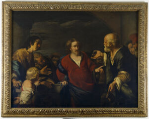 Een groep mensen staat om een man met een rood jak heen. Een oudere man houd hem een munt voor, in zijn linkerhand heeft hij een zak.