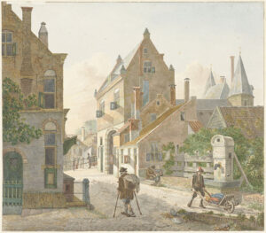 Een stadsgezicht met een straat waarop links een arme man loopt met twee stokken, rechts voor een pomp een man met een kruiwagen. Aan de straat ligt de Weerdpoort: een hoog gebouw met een poort en daarboven nog een verdieping en een dak. Over de daken van de huizen zie je nog net de twee torentjes van de buitenkant van de poort.