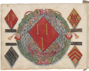 Een landscape pagina met in het midden een blauwe cirkel met zwarte streepjes met daaromheen een blader krans en links en rechts een engelengezicht. In het midden een ruitvormig wapen met daarop drie wolfsangels (een verticale streep met boven een haakje naar links en onder een haakje naar rechts) in goud. Onder het wapen een banderol met daarop Anna van den Boetzelaer. Links boven het zelfde wapen met daaronder een zwart geworden veld. Rechts een wapen in goud een versmalde linkerschuinbalk gaande over een versmalde schuinbalk, samengevlochten met twee versmalde lage kepers, alles rood. Daaronder een veld met de naam Mervelt. Links onder een blauw wapen met zilveren schuinsbalken en rechtsonder een wapen in goud met drie rode kepers.