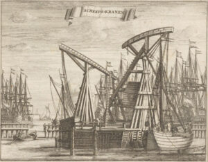 Prent van een haven waar heel veel zeilschepen liggen. Op de voorgrond een aanlegsteiger met daarop twee kraanconstructies die net boven de masten uitkomen. Rechts ligt een schip bij de kraan.