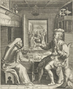 Aan een tafel zitten een man en een vrouw. Op tafel liggen munten. De man houdt een weegschaal vast, de vrouw heeft sleutels in haar hand. Op de achtergrond een open deur met daarachter veen mensen. Op de voorgrond zit een hond met een vogel in zijn bek.