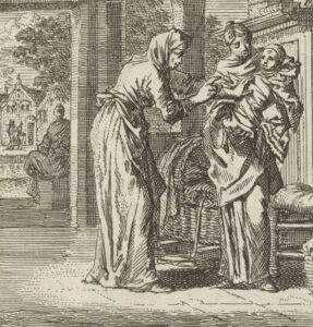 Gravure van een vrouw met een gebakerde baby op de arm. Een oudere vrouw heeft haar linkerhand op de borst van de baby en heeft de wijsvinger van haar rechterhand omhoog. Achter de jonge vrouw staat een wieg. Links op de achtergrond staat een deur open en zien we een dorpsgezicht