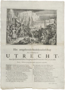Een prent met links een tent met daarvoor mannen met vaandels en in het midden een man met een grote hoed. Voor hem knielen drie mannen, één van hen is Dijckvelt en hij biedt twee sleutels op een kussen aan. Rechts staat allerhande volk. Op de achtergrond een stad waar boven staat Bon. Rechts voor het wapen van Nassau met daaromheen een band met daarop Honi soit qui mal y pense (Motto van de Orde van de Kousenband).