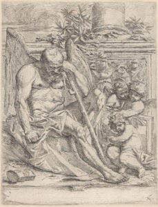 Gravure van een oude saturnus die leunend op zijn stok voorovergeborgen zit. Rechts naast hem drie engeltjes die een schilderij vasthouden. Erachter een relief met daarop een zuil.
