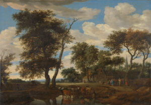 Aan de rand van een dorp staan enkele wagens stil bij een herberg, even verderop staat een groep mensen langs de kant van de weg. Op de voorgrond een kudde koeien bij een plas onder bomen.