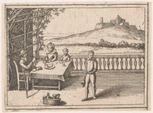 Op een terras met een balustrade zitten onder een klimplant een oudere man, een jongere vrouw en een kind aan tafel. Rechts van de tafel staat een jongen met iets in zijn hand. Op de voorgrond een vaatje met twee kannen erin. Op de achtergrond een heuvel met daarop een kasteel.