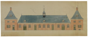 Tekening van het stalgebouw van Kasteel Amerongen. Een breed gebouw van één verdieping met een zadeldak met drie koekoeken. Aan weerszijden een vierkant gebouw met twee verdiepingen en een puntdak met bovenop het dak een schoorsteen, de paviljoens. Ieder paviljoen heeft boven twee ramen en beneden een deur met een trapje en een raam. In elk dak zit een koekoek. Het stalgebouw in het midden is symmetrisch: in het midden drie ramen, dan een smalle deur, een raam, een brede deur en nog een raam. Boven het middelste raam zit een koekoek en boven elke brede deur zit er één. Midden op het zadeldak zit een torentje met een klok.