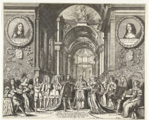 Het huwelijk van prins Willem III met Maria II Stuart te Whitehall in Londen, 14 november 1677. Voltrekking van de ceremonie door de bisschop van Londen. Links Karel II koning van Engeland met koningin, rechts Jacobus II, de hertog van York met hertogin. Bovenaan in medaillons portretten van de ouders van de prins: Willem II en Maria Henrietta Stuart. Links afgezanten en ambassadeurs van de Republiek.