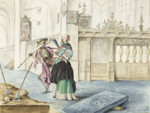Vrouw staand in het koor van de Sint-Michaëlskerk te Zwolle, mogelijk Gesina's zus Aleida of Aeltien ter Borch. Op de voorgrond is een open graf te zien naast een grafsteen met de wapens van de families Ter Borchs en Condewijn. Op de grafsteen staat: A.T B.obit, 1671.23 octob.