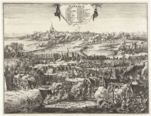Belegering en verovering van Naarden door de prins van Oranje, 12 september 1673. Op de voorgrond scènes uit het soldatenleven in het legerkamp. In de verte het beleg en de bestorming van de stad. Bovenaan een hangende doek met titel en legenda