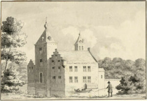 Tekening van een kasteel in gracht. Links in het midden een toren met een poort en brug. Daarvoor een huis met twee verdiepingen, zadeldak en trapgevel. Onder de onderste verdieping een duiventil. Achter naast de toren en kleiner gebouw met trapgevel. Achter alles een tweede toren. In de gracht vaart een bootje, aan de oever staat een man te vissen.