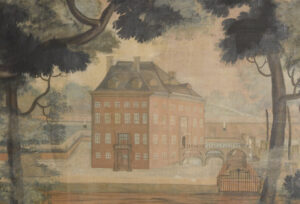 Kasteel Amerongen met dubbele brug en gracht. In de gracht zwemmen zwanen, op de achtergrond twee standbeelden.