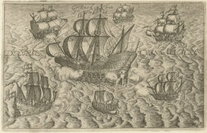 Gravure van schepen op een woelige zee. In het midden een groot, hoog schip en eromheen zes kleinere schepen. De meeste schepen schieten hun kanonnen af. Midden boven staat "De Kraeck van Ste. Thomo", links staat "De Straet" en rechts "van Malacke".