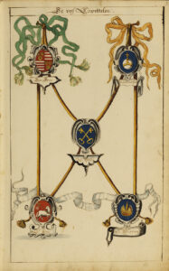 Beschrijving Afbeelding van rolwerkcartouches met de wapenschilden van de vijf kapittels van Utrecht, opgehangen aan linten: linksboven de Dom, rechtsboven Oudmunster, in het midden St. Pieter, linksonder St. Jan en rechtsonder St. Marie.