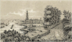 Landschap met links een rivier met daarop wat bootjes en twee vlotten met hout. Op de rechteroever een stadje (zonder muur) met één hele hoge kerktoren (Cunerakerk) en een molen. Op de voorgrond weilanden en rechts een weg in het bos.