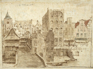 Tekening van een volgebouwde stad. Links voor ons een brug over de gracht. Rechts de werfkelders met aan de straat verschillende huizen. Naast de brug staan ook nog huizen op de werf. Io de achtergrond een kerk.