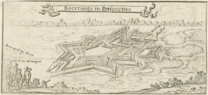 Tekening van de vesting Bourtange. De vesting heeft de vorm van een soort vallende ster. Op de voorgrond een paar mensen. Boven de titel Boertange in Perspective.
