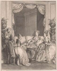 Céphise is in verwachting. Zij ligt in negligé, in een fraai gemeubileerd vertrek op een sofa. Bij haar zitten twee elegant geklede dames in 'robe à la française', die haar moed inspreken voor de naderende bevalling. De dame rechts draagt de officiële 'paniers' en heeft het haar in een zorgvuldig gekapt kapsel. Links staat een jongeman.