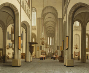 Interieur van de dom, voor het joor staan twee schilderijen, rechts staat een man in een kazuifel, voor het koor zitten kloppen en monniken geknield. Rechts achter een deur een kaper met een kruisbeeld. Op verschilldende plekken staan mensen.
