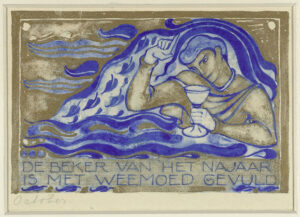 In een soort blauwe golf zit een man met een wijnglas in zijn linkerhand en met de wijsvinger van zijn rechterhand wijst hij omhoog. Eronder staat "De beker van het najaar is met weemoed gevuld" en daaronder in potlood "October".
