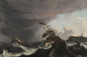 Donkere stormwolken trekken samen boven zee. Vijf schepen worden onder de kust overvallen door deze zware storm. Van het tweede schip van links staat alleen de fokkemast nog overeind, in de golven drijft wrakhout.