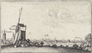 Links een molen met een paar bepakte ezels of paarden. Op de achtergrond Keulen en Deutz. Links achter de molen, dichter bij dan Keulen St. Severin.