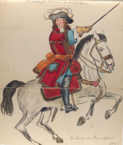 Man op een wit paard galopperend met donkere manen en staart. De man draagt een rood pak met een zwarte hoed met witte veren. De rode jas heeft een blauwe voering en blauwe en gouden accenten. Om zijn middel heeft hij een oranje sjerp. Onder het zadel ligt een rode sjabrak. De man wijst vooruit met een stok in zijn rechter hand.