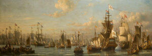 Een schilderij van een zee die vol met schepen ligt die de driekleur hoog in de mast hebben. Het grootste schip voert daarnaast een witte vlag met een wapen.
