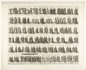 Optocht met prins Willem III en prinses Maria II Stuart van Westminster Hall naar de kroningsceremonie in Westminster Abbey, 21 april 1689. De stoet afgebeeld in zes rijen, bij alle figuren zijn titel of functie vermeld.
