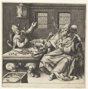 Twee mannen zitten in een vertrek aan een tafel waarop vele geldstukken, twee boeken en een stokbeurs liggen. Een van de mannen heeft een weegschaaltje in de hand, de ander wordt door de Dood (in de gedaante van een skelet) van achteren belaagd met een pijl. Aan de muur hangt een klok. Op de voorgrond staat een geldkist, waarin bovenin een beeldje ligt dat Caritas voorstelt. Onder de voorstelling is ruimte leeg gelaten voor een onderschrift.