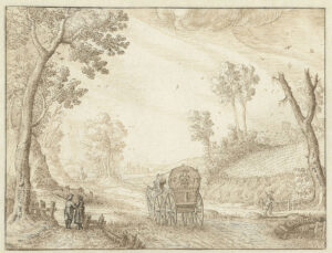 Gravures van een landschap met daarin een koets en diverse mensen. Links staan twee mensen te praten, rechts loopt een man, in de verte een rioter op een paard. Achter op de koets is een wapen met een kasteel afgebeeld en het jaar 1653. In de verte ligt een stad.