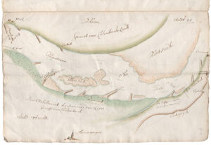 tekening van de rijn met aan weerszijden kribben. Ingetekend zijn de zandplaten en op verschillende plekken de diepte in de rijn. Onderaan ligt Amerongen. Ook het eigendom van de oevers is genoteerd. Aan de zuidkant, in de Betuwe, staat "Graeff van culenborch Landt", aan de noordkant, bij Amerongen staat "De Nobelweert, toecomende den Heer Graeff van Cuilenborch. Rechts is de Lekdijk ingetekend met een klein stukje land van "De Erffgenamen van Jan Verweij" en dan weer van "G.v. Cuijlenborch"