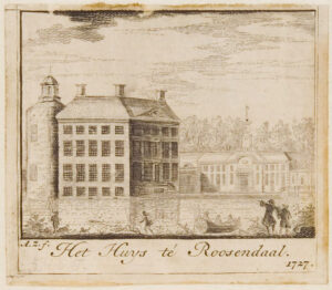 Gravure van een een huis in een gracht, links een ronde toren, rechts daarvan een hoog, vierkant, symmetrisch huis. Op de achtergrond een gebouw met een toren met een klok. In de gracht een roeibootje, op de voorgrond kijken twee mannen naar het huis.