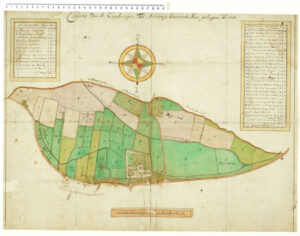 Plattegrond van de landerijen rondom kasteel Amerongen. Het Noorden zit onder en onderaan de kaart zie je in een vierkant met een schuine zijde duidelijk Kasteel Amerongen liggen met de tuinen. Daaronder de weg en de huizen van het dorp. De percelen rondom het kasteel zijn ingekleurd met verschillende kleuren groen en andere tekens. Er zit een uitgebreide legenda bij.