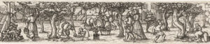 In een boomgaard wordt geoogst. Er lopen mensen met ladders, er wordt aan bomen geschud en vruchten worden van de grond geraapt en in manden gedaan. In het midden loopt een elegant stel te flaneren. Op de achtergrond zien we nog net een huis.