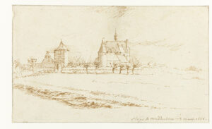 Tekening van een vlak landschap met wat knotwilgen. Daarachter een kasteel met een ronde toren en een hoog huis. Op de voorgrond een vierkante poort en links daarvan een gevel.