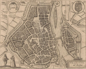 Plattegrond van Maastricht in vogelvluchtperspectief. Rechtsonder een cartouche met Latijnse titel. Linksboven het wapen van het prinsdom Luik. Midden boven het stadswapen. Rechtsboven het wapen van de koning van Spanje. Rechtsonder genummerd: 12.